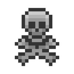 Cute Pixel art skull and bones. 8 bit style retro game pattern for halloween decoration. Vector. 90s style pixel Skeleton skull and cross bones.