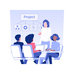 Obraz premium Leadership communication isolated concept vector illustration. Colleagues discussing new project, leadership talking, business etiquette, corporate culture, company rules vector concept.