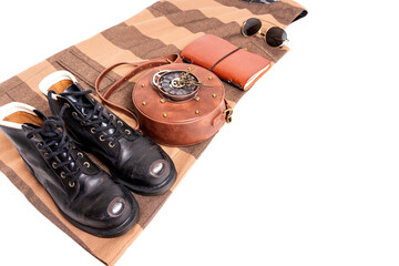 Steampunk fashion outfit flat lay