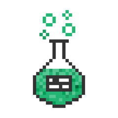 Obraz premium Potion bottle vector pixel object. Glass transparent bottle with cork isolated on white background. Phial vial with red potion or poison. Laboratory equipment pixel art icon jar beaker and flask