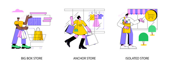 Retail shop abstract concept vector illustration set. Big box discounter, anchor and isolated store, shopping center, attract customers, outlet mall, supermarket merchandising abstract metaphor.