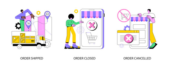 Order status abstract concept vector illustration set. Order shipped, closed or cancelled, e-commerce online store, express shipment, customer account shipping details, notification abstract metaphor.