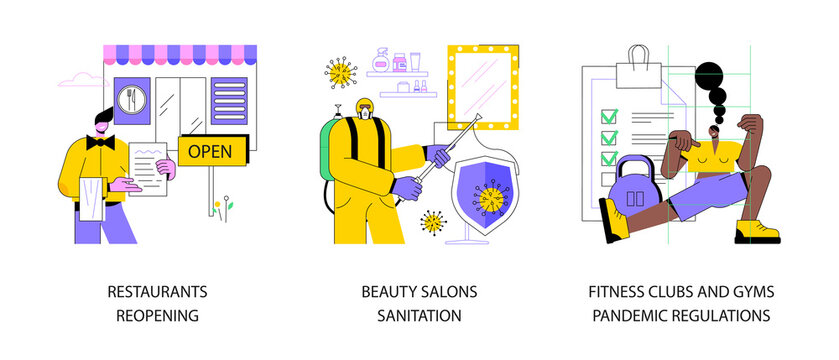 Covid19 Business Restrictions Abstract Concept Vector Illustration Set. Restaurants Reopening, Beauty Salons Sanitation, Fitness Clubs And Gyms Pandemic Regulations, Social Distance Abstract Metaphor.