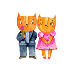 Watercolor illustration - red cats in love. Cat gentleman and cat lady in cartoon style. Animal characters in clothes.