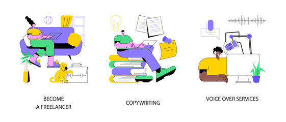 Independent entrepreneur abstract concept vector illustration set. Become a freelancer, copywriting service, voice over recording studio, writing article, narration, digital nomad abstract metaphor.