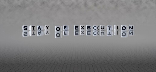 stay of execution word or concept represented by black and white letter cubes on a grey horizon background stretching to infinity