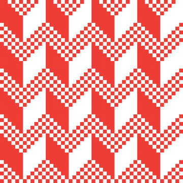 Pixel seamless pattern, red zigzag on white background