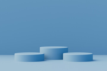 Abstract minimal scene with geometrical forms. Cylinder podiums in blue colors. Abstract background. Scene to show cosmetic podructs. Showcase, shopfront, display case. 3D Rendering