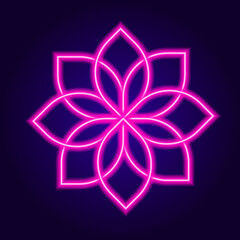 NEON pink round flower mandala. simple isolated floral pattern pink bright lines glow in the dark lotus petals on dark blue, for yoga design pattern top view