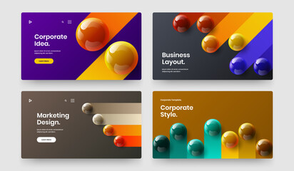 Abstract website screen design vector concept collection. Isolated realistic spheres company brochure layout set.