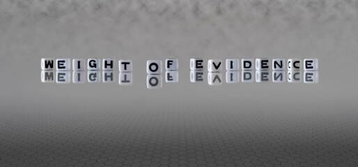 weight of evidence word or concept represented by black and white letter cubes on a grey horizon background stretching to infinity