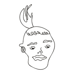 A man's face with a ponytail and an earring, looking down. Head of a guy, character of a pirate, caricature. Stock vector image on a white background, isolated, outline. Hand drawn.