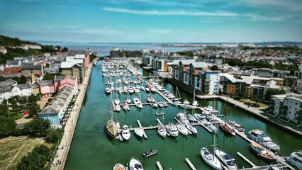 Aerial view of the Portishead Marina with boats and ships in Bristol