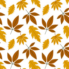 Seamless pattern with cartoon autumn leaves, decoration elements. Forest, vector flat style. nature theme. hand drawing. design for fabric, textile, wrapper, print