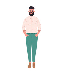 Obraz premium Modern adult man in casual or office outfit and glasses. Stylish fashionable look. Hand drawn vector illustration