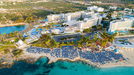 Aerial bird's eye view of famous Nissi beach coastline, Ayia Napa, Famagusta, Cyprus.Landmark...