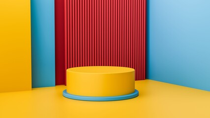 3D rendering of a modern trendy color cylinder podiums with circular, vibrant empty room background