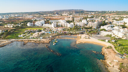 Aerial bird's eye view Pernera beach Protaras, Paralimni, Famagusta, Cyprus. The tourist attraction...