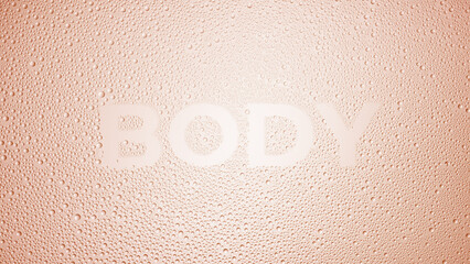 Text body printed on the wet glass on beige background | body care commercial concept