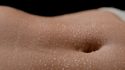 Macro shot of slim white-skinned woman's wet good-looking clean flat belly on black background | Wet skin texture shot for healthy body concept