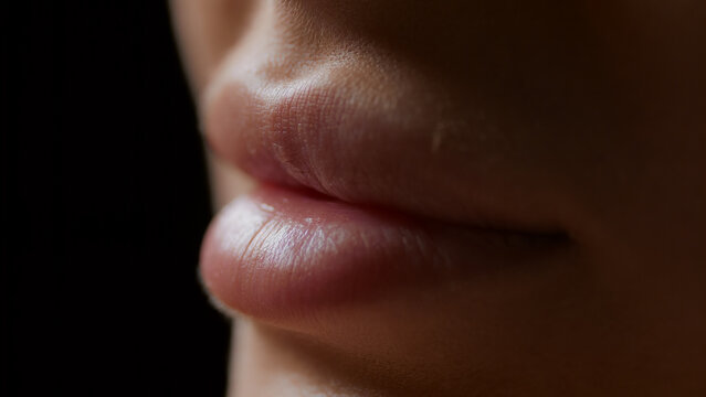 Macro shot of lips of white-skinned female model on black background | Lip texture shot for lip care cosmetics commercial