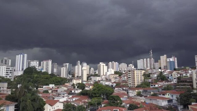 Beautiful drone aerial view of Sao Paulo city buildings skyline with rain storm clouds. 4k