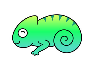 Cute little chameleon with outline. Kawaii chameleon smiling. T shirt design element with outline. Reptile animal that can change skin color. Adorable pet lizard. Vector illustration, flat, clip art.