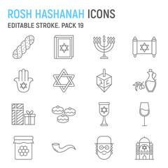Rosh Hashanah line icon set, hanukkah collection, vector graphics, logo illustrations, Rosh Hashanah vector icons, jewish signs, outline pictograms, editable stroke
