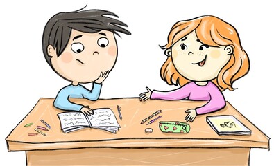 Kids at school or home making homework and chatting. Boy is trying to solve the task and a girl trying to help him. Children sitting at the desk. Friends. Schoolmates. Hand drawn cartoon illustration.
