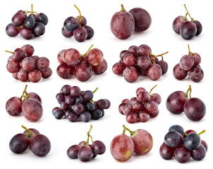 Grape berries collection isolated on white background cutout. Set of different grape branches.