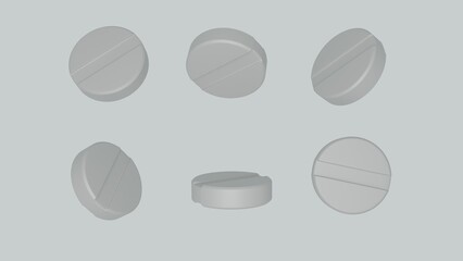 White pills in different angles on white background. 3D render