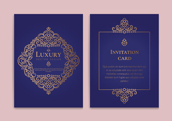 Fototapeta na wymiar Blue and gold luxury invitation card design with vector ornament pattern. Vintage template. Can be used for background and wallpaper. Elegant and classic vector elements great for decoration.