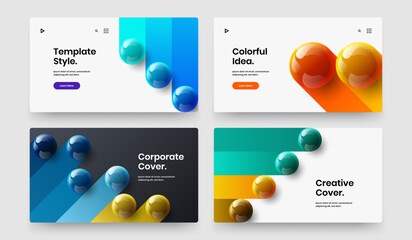 Geometric company cover design vector template set. Colorful 3D balls corporate brochure concept composition.