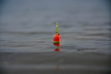 Orange and green fishing bobber floating in the water © Ufuk Bayram/Wirestock Creators