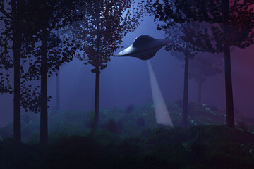 3D rendering Illustration of ufo flying saucer over the foggy forest