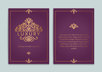 Purple and gold luxury invitation card design with vector ornament pattern. Vintage template. Can be used for background and wallpaper. Elegant and classic vector elements great for decoration.