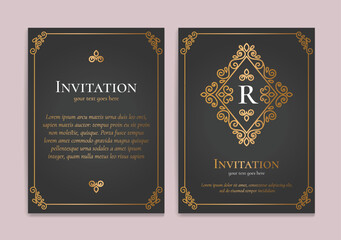 Gold and black luxury invitation card design with vector ornament pattern. Vintage template. Can be used for background and wallpaper. Elegant and classic vector elements great for decoration.