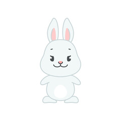 Fototapeta na wymiar Cute smiling bunny. Flat cartoon illustration of a little gray rabbit isolated on a white background. Vector 10 EPS.