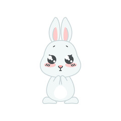 Cute begging bunny. Flat cartoon illustration of a funny little gray rabbit isolated on a white background. Vector 10 EPS.
