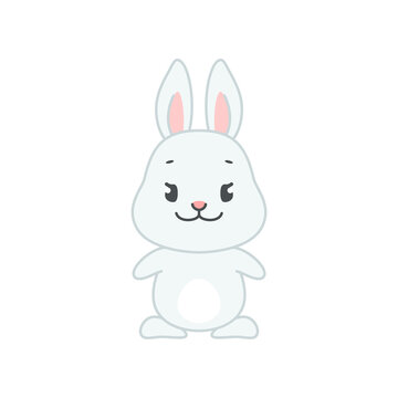 Cute smiling bunny. Flat cartoon illustration of a little gray rabbit isolated on a white background. Vector 10 EPS.