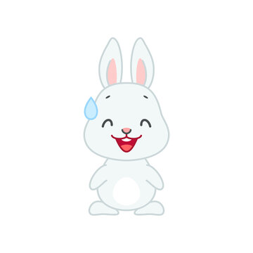 Cute nervous bunny. Flat cartoon illustration of a little gray rabbit smiling with cold sweat isolated on a white background. Vector 10 EPS.
