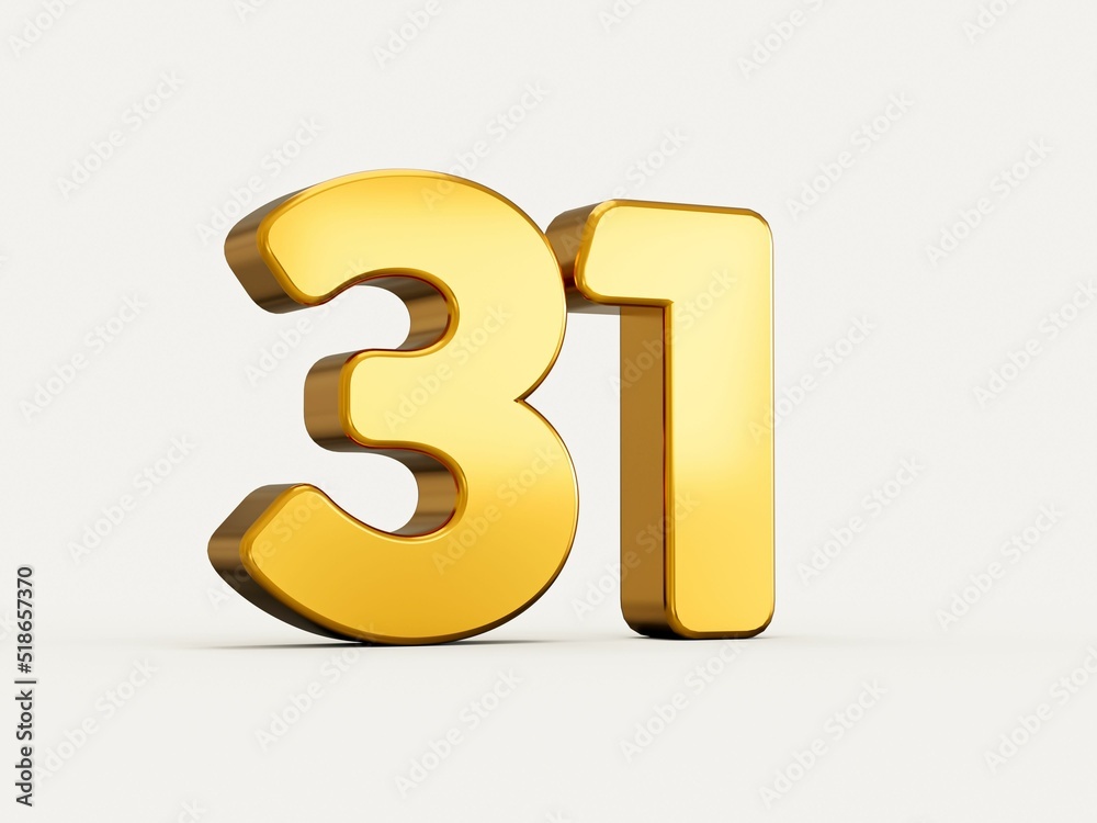 Canvas Prints 3d illustration of golden number 31 or thirty one isolated on beige background with shadow.