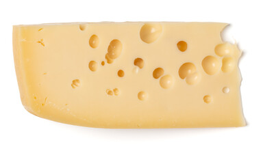 big piece of maasdam cheese isolated on white background close up, top view