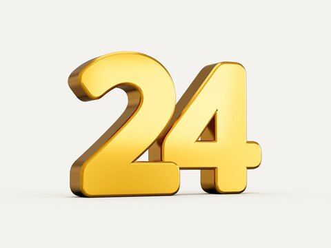 3d illustration of golden number 24 or twenty four isolated on beige background with shadow.