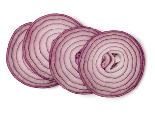 red onion sliced isolated on white background closeup, top view