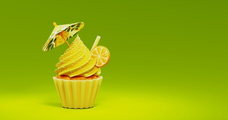 Lemon cupcake 3d render illustration. Yellow cupcake cream with slice of lemon and straw. Lemon umbrella cartoon style on green fresh background. Bakery mockup. Summer sweet congratulation template 