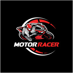 Logo design of a racer on a red motorcycle in a circle frame on a black background