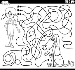 maze game with cartoon girl and her dog coloring page