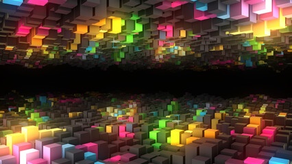 Neon rainbow background frame. 3d pattern of rectangles, parallelepipeds. Bright glow. Minecraft. Relief field. Mosaic, puzzle. Banner for games, presentations, business, websites.