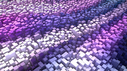 Pink and purple geometric background. 3d of pattern rectangles, parallelepipeds. Relief. Abstract lavender field. Wave of musical mosaic, puzzle. Banner art, games, presentations, business, websites.